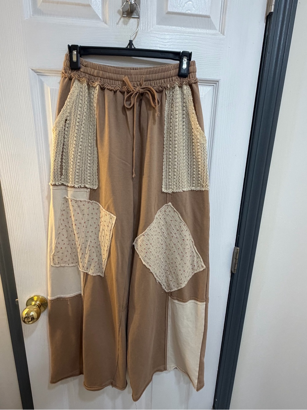 Oddi Boho Patchwork Wide-Leg Pants - Tan/Cream